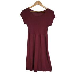 Eileen Fisher Burgundy Wool Short Sleeve Empire Waist Sweater Dress Size Medium